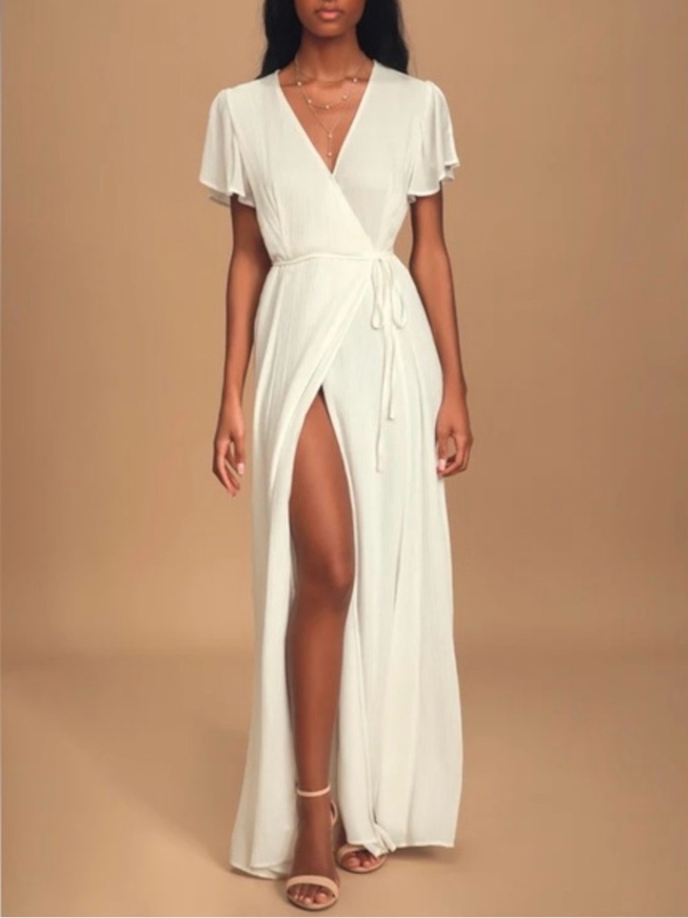 Elegant White Wrap Maxi Dress with Thigh Slit